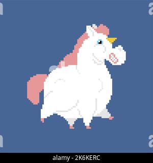 Fat Unicorn Pixel art. 8 bit fleshy mythical anima. pixelated Vector illustration Stock Vector