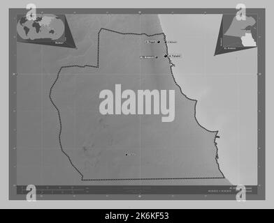 Al Ahmadi, province of Kuwait. Grayscale elevation map with lakes and rivers. Locations and names of major cities of the region. Corner auxiliary loca Stock Photo