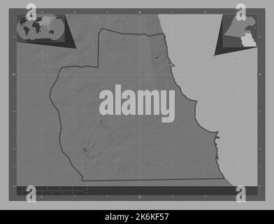 Al Ahmadi, province of Kuwait. Bilevel elevation map with lakes and rivers. Corner auxiliary location maps Stock Photo