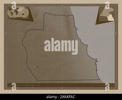 Al Ahmadi, province of Kuwait. Elevation map colored in sepia tones with lakes and rivers. Corner auxiliary location maps Stock Photo