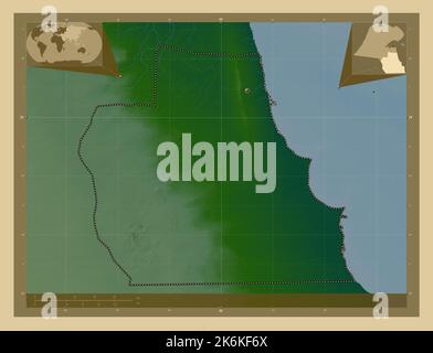 Al Ahmadi, province of Kuwait. Colored elevation map with lakes and rivers. Corner auxiliary location maps Stock Photo