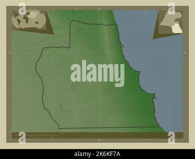 Al Ahmadi, province of Kuwait. Elevation map colored in wiki style with lakes and rivers. Corner auxiliary location maps Stock Photo