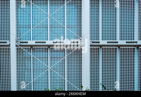 Facade of solar panels seen from inside the modern building. Stock Photo