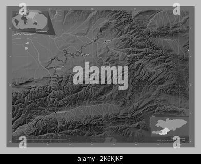 Osh, city of Kyrgyzstan. Grayscale elevation map with lakes and rivers ...