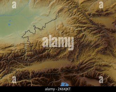 Osh, city of Kyrgyzstan. Colored elevation map with lakes and rivers ...