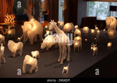 Tokyo, Japan. 14th Oct, 2022. An installation 'Life Beat', animal figures are blinked as they are responded to the heartbeat of visitors, is displayed at the Tokyo Midtown as a part of the 'Tokyo Midtown Design Touch 2022' in Tokyo on Friday, October 14, 2022. An annual design event with the theme of 'Design for Sustainable Future' started at the Tokyo Midtown through November 3. Credit: Yoshio Tsunoda/AFLO/Alamy Live News Stock Photo