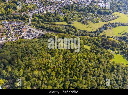 Aerial view, castle ruin Rüdenburg in forest area, Arnsberg, Sauerland ...