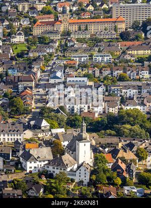 Aerial view, bell tower and catholic town chapel St. Georg, old town, in the background with red roof the district government Arnsberg, Arnsberg, Saue Stock Photo