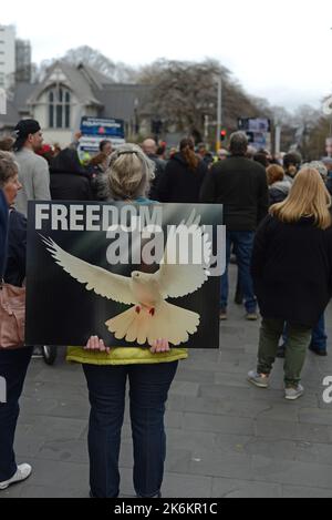 CHRISTCHURCH, NEW ZEALAND, SEPTEMBER 21, 2022, Supporters of Counterspin, a freedom of speech organisation, protest outside the Christchurch Court House, New Zealand, over allegations of members publishing objectionable material Stock Photo