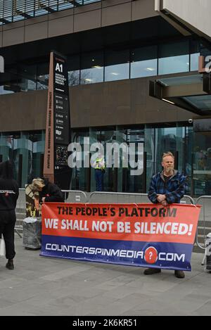 CHRISTCHURCH, NEW ZEALAND, SEPTEMBER 21, 2022, Supporters of Counterspin, a freedom of speech organisation, protest outside the Christchurch Court House, New Zealand, over allegations of members publishing objectionable material Stock Photo