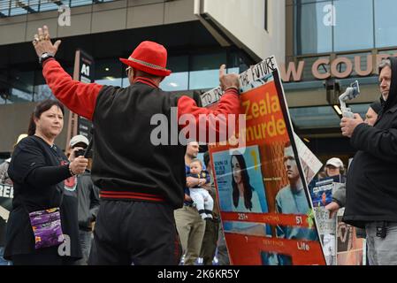 CHRISTCHURCH, NEW ZEALAND, SEPTEMBER 21, 2022, Supporters of Counterspin, a freedom of speech organisation, protest outside the Christchurch Court House, New Zealand, over allegations of members publishing objectionable material Stock Photo