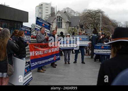 CHRISTCHURCH, NEW ZEALAND, SEPTEMBER 21, 2022, Supporters of Counterspin, a freedom of speech organisation, protest outside the Christchurch Court House, New Zealand, over allegations of members publishing objectionable material Stock Photo