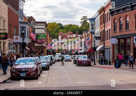 Galena, IL, United States - October 9, 2022: View of Main Street in historical downtown area of Galena, Illinois. Stock Photo