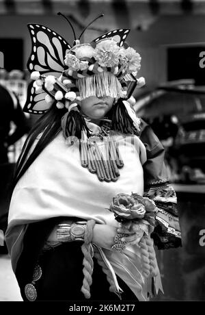 Native American dance group from Zuni Pueblo in New Mexico perform a Butterfly Dance at an Indigenous Peoples' Day event in Santa Fe, New Mexico. Stock Photo