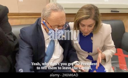 Washington DC, USA. 14th Oct, 2022. Senate Majority Leader Chuck Schumer, D-NY, speaks with Attorney General Jeffrey Rosen while Speaker of the House Nancy Pelosi, D-CA, tells Rosen 'The concern we have about personal harm.' Photo Courtesy of the House January 6 Committee Credit: UPI/Alamy Live News Stock Photo