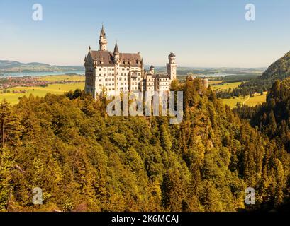 Neuschwanstein Castle in Munich vicinity, Germany, Europe. Landscape with old German castle on mountain top in autumn. It is famous landmark of Bavari Stock Photo