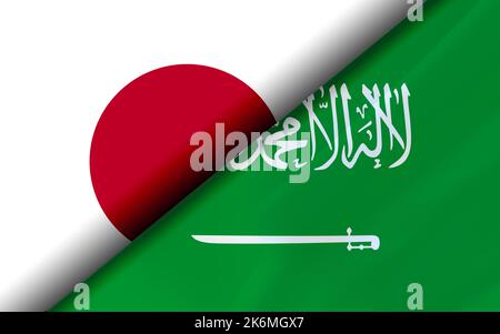 Flags of the Japan and Saudi Arabia divided diagonally. 3D rendering Stock Photo