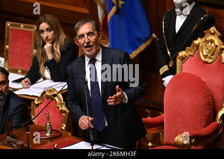 Rome, Italy. 13th Oct, 2022. The newly elected president of the Italian Senate Ignazio La Russa (front) speaks at the Senate in Rome, Italy, on Oct. 13, 2022. Lorenzo Fontana, a two-time minister from a party likely to be a junior member of the next Italian government coalition, was selected on Friday as speaker of the lower house of Italy's parliament. Fontana's selection as speaker of the Chamber of Deputies followed the selection of Ignazio La Russa Thursday as president of the Senate, the upper house of parliament. Credit: Alberto Lingria/Xinhua/Alamy Live News Stock Photo