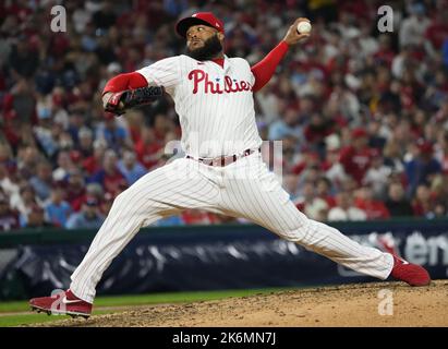 Philadelphia, USA. 14th Oct, 2022. Philadelphia Phillies relief pitcher Jose Alvarado throws after replacing starter Aaron Nola in the seventh inning against the Atlanta Braves in a National League Division Series game at Citizens Bank Park in Philadelphia on Friday, October 14, 2022. Photo by Ray Stubblebine/UPI Credit: UPI/Alamy Live News Stock Photo
