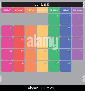 June 2023 Planner Calendar big editable space color day Stock Vector