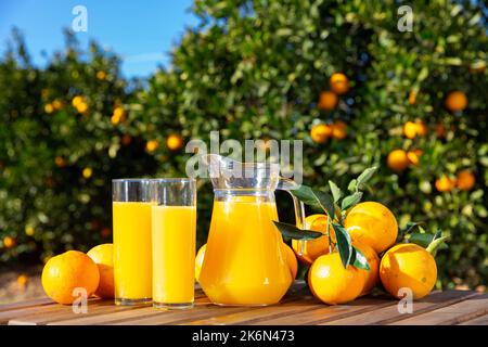 Glass jug and glasses with fresh orange juice on wooden table with oranges in an outdoor setting during summer Stock Photo