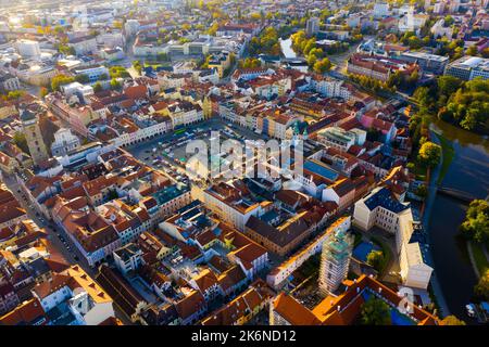 Flight over the city Ceske Budejovice Stock Photo