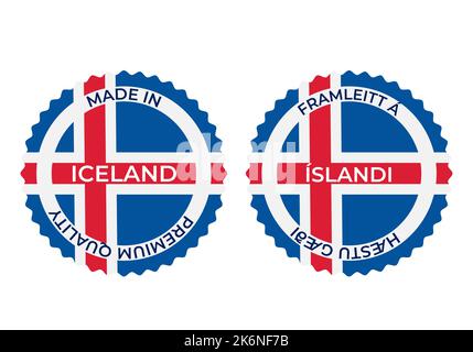 Made in Iceland round labels in English and in Icelandic languages. Quality mark icons. Vector template for logo design, tags, badges, stickers, emble Stock Vector