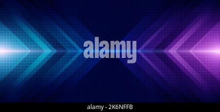 Abstract blue and purple arrow glowing with lighting and line grid on blue background technology hi-tech concept. Vector illustration Stock Vector