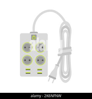 Power surge protector extension cord white flat. Multifunction electronic gadget assistant plug type c usb socket switch button multiplication multiple device simultaneously in same place isolated Stock Vector
