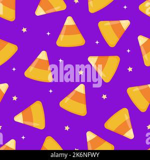 Halloween seamless pattern with candy corns on purple background. Easy to edit vector template for greeting card, banner, poster, party invitation, fa Stock Vector