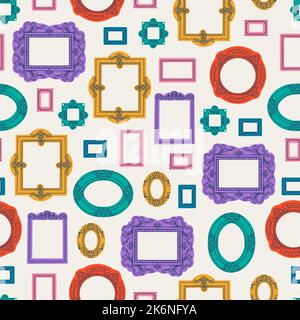 Vector seamless pattern with various picture frames. Rectangular, oval, carved, museum picture frames. Stock Vector