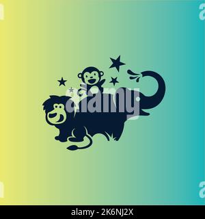 Animal Kids Cute Logo, Lion Monkey and Elephant, Jungle Animal Logo Stock Vector