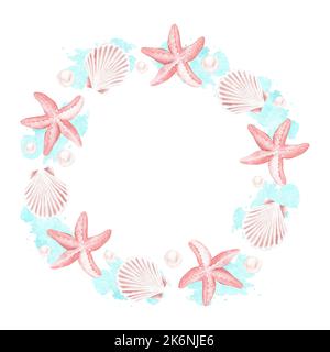 Wreath of pink shells, starfish and pearls. On blue watercolor spots. Watercolor illustration. place for text. Isolated on a white background. Stock Photo