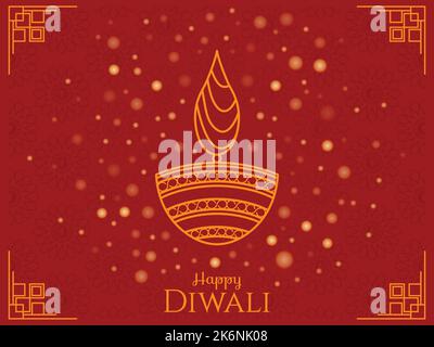 Happy Diwali Golden Red greeting card Vector Illustration. Fairy light and Diya. Artistic Hindu Indian Worship Festival graphic. Line art Gradient Stock Vector
