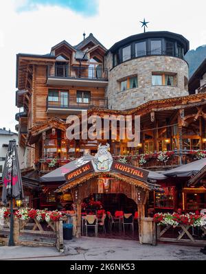 Ischgl, Austria - July 25, 2022: After ski bar and restaurant Kuhstall Stock Photo