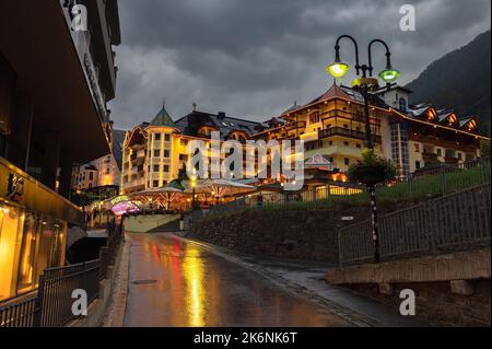 Ischgl, Austria - July 25, 2022: Hotels in tourist ski resort Ischgl in austrian Tyrol Stock Photo
