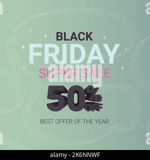 text text black friday super sale and 50 off on a light green background with an abstract pattern of thin ribbons Stock Vector