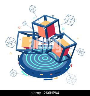 Flat 3d Isometric Blockchain Network. Blockchain Technology Concept. Stock Vector