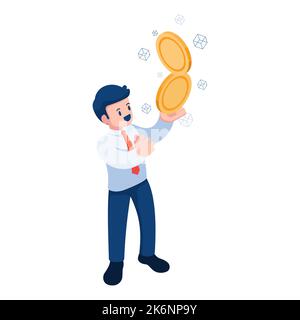 Flat 3d Isometric Businessman Holding Vertical Coin Stack. Stablecoin Concept. Stock Vector