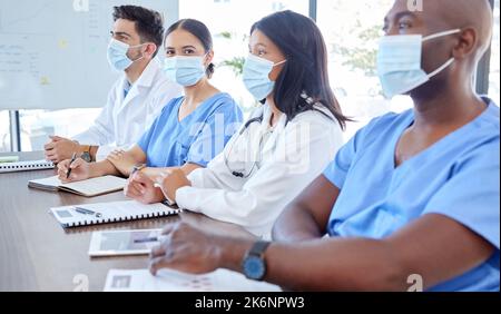 Covid, planning and team of doctors in a meeting working on medical reports, documents and coronavirus solutions. Face mask, teamwork and healthcare Stock Photo