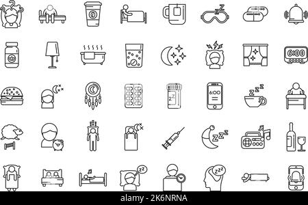Sleep problems icons set outline vector. Sleep mask. Dream trouble Stock Vector