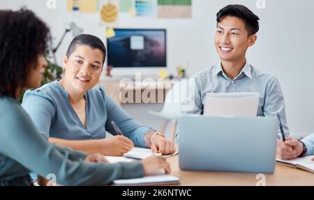 Laptop, collaboration and marketing team in a meeting in the office to plan creative project together. Happy, teamwork and business people working on Stock Photo