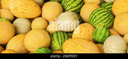 pile of watermelons and honeydew melons on a market Stock Photo
