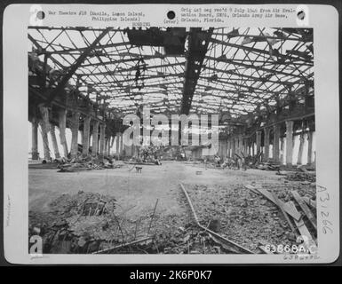 An interior view of Pier #7, Manila Harbor. This largest pier in the Manila Harbor was largely destroyed by Japanese demolition, and was effected to some extent by American Air Force bombardment. February 1945. Stock Photo