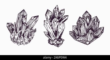 Beautiful crystals collection, simple doodle ink drawing, gravure style ...