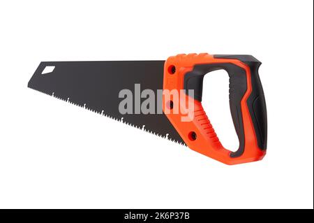 Wood hacksaw hand saw for sawing wood, isolated on a white background. Stock Photo