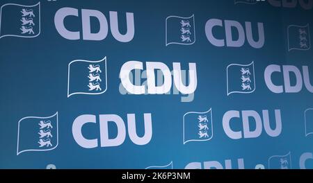 Villingen Schwenningen, Germany. 15th Oct, 2022. Logos of the CDU are illuminated on the stage during the state party conference of the CDU Baden-Württemberg at the exhibition center. Credit: Silas Stein/dpa/Alamy Live News Stock Photo