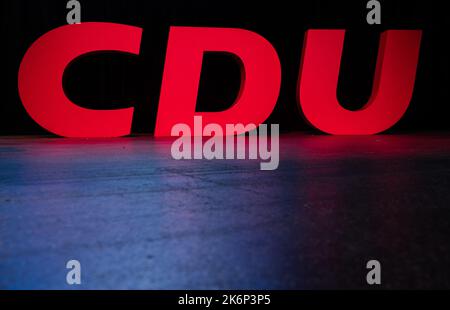 Villingen Schwenningen, Germany. 15th Oct, 2022. The logo of the CDU is illuminated during the state party conference of the CDU Baden-Württemberg at the exhibition center. Credit: Silas Stein/dpa/Alamy Live News Stock Photo