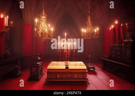 An old gothic vampire Transylvanian castle of Dracula, lined with victorian furnishings and coffins, is illuminated by candlesticks to create a spooky Stock Photo