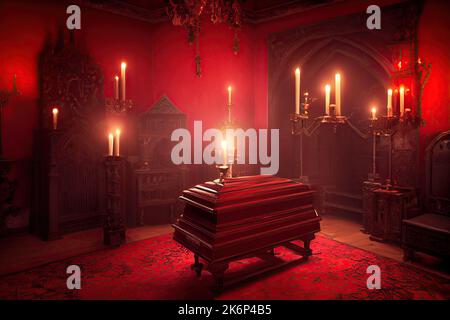 An old Transylvanian vampire castle set in a theme of horror for Halloween games is lit by candle stands with Victorian furniture of Dracula and a Stock Photo